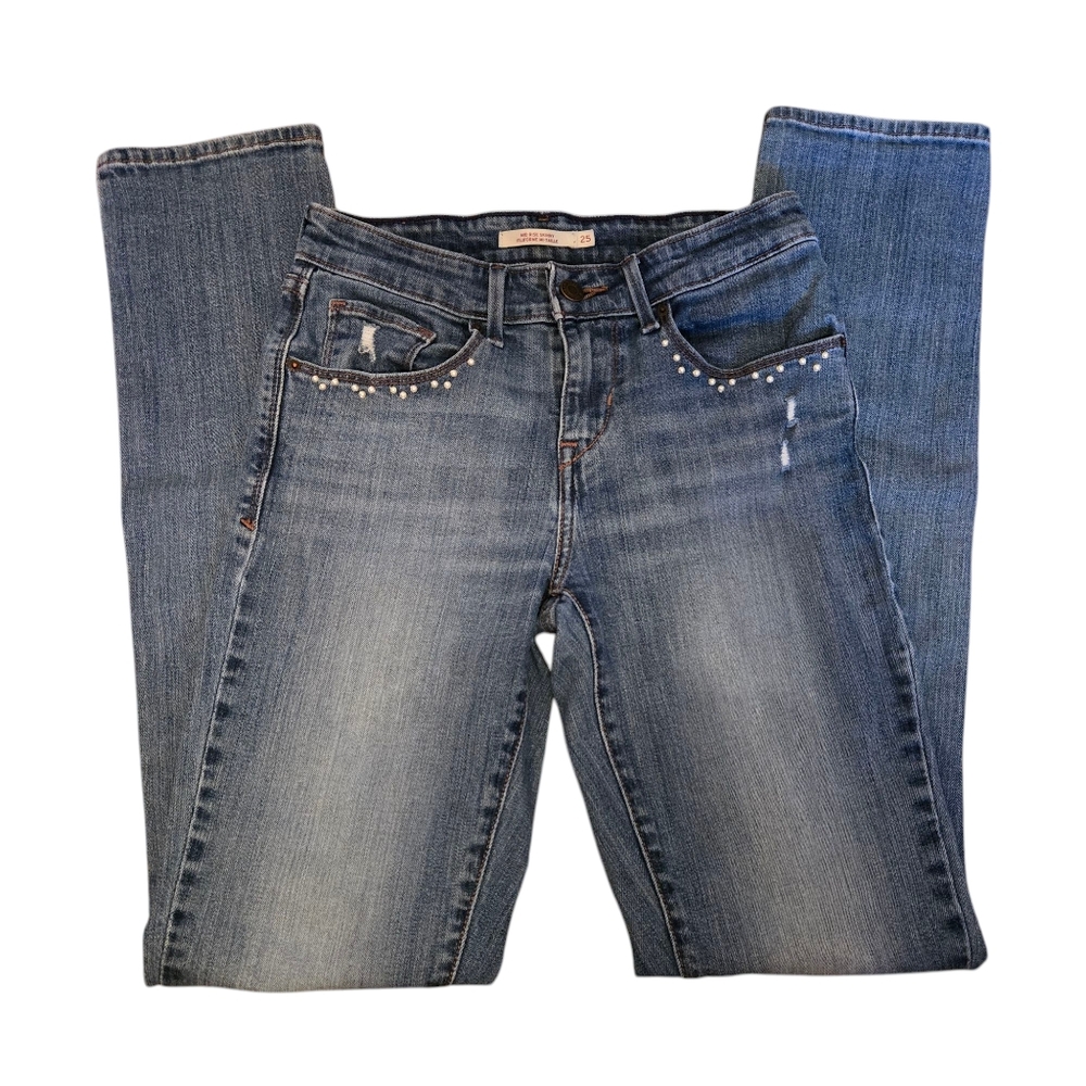 Levi's Distressed Skinny Jeans with Custom Faux Pearl Bead Accents Size 25